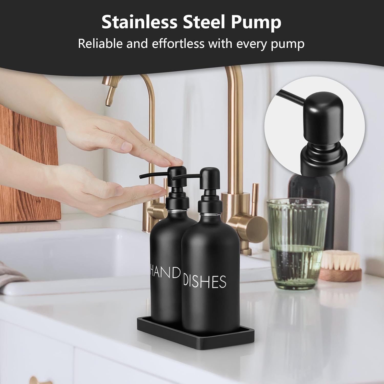 Black Dish and Hand Soap Dispenser Set - Glass Kitchen Soap Dispenser with Tray and Stainless Steel Pump - for Black Kitchen Decor and Accessories