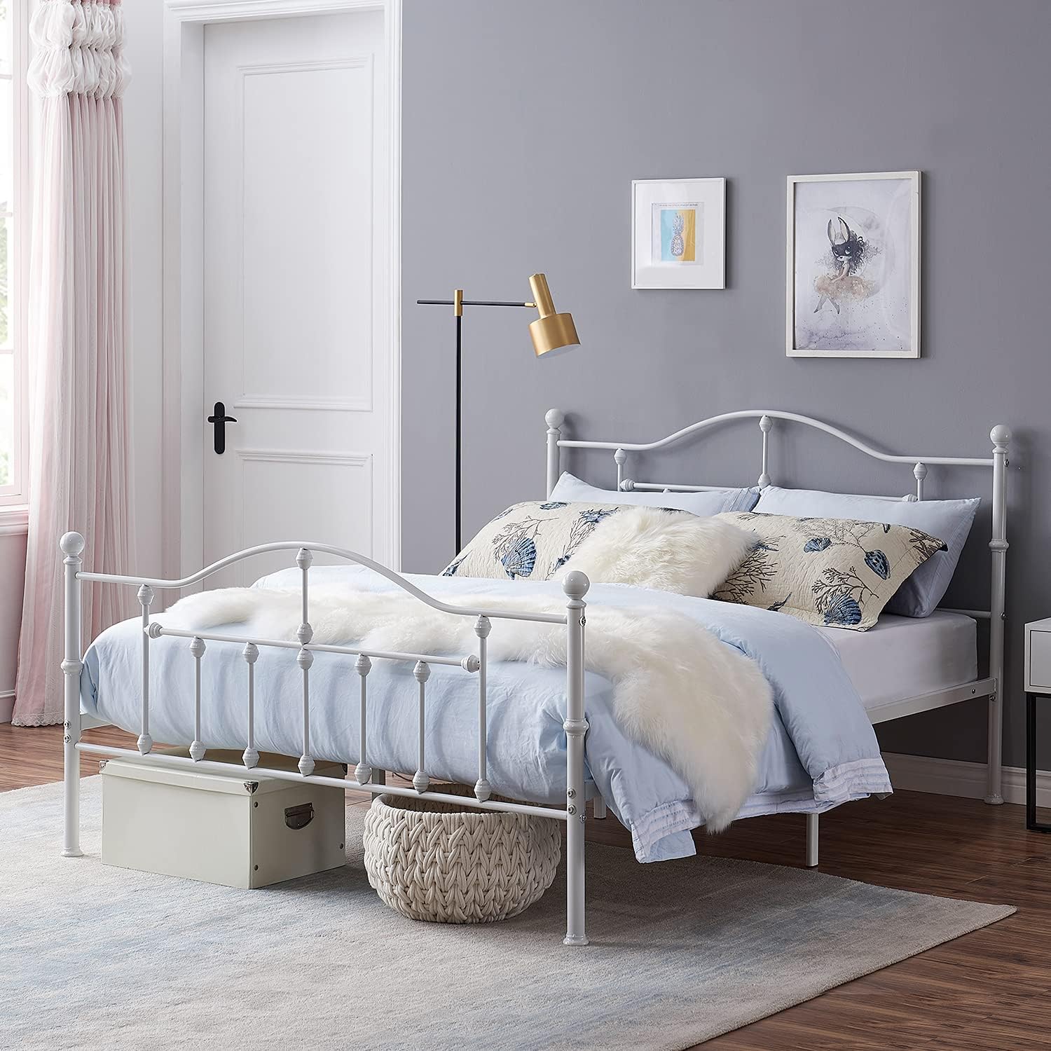 A white VECELO full-size bed frame with a light blue duvet and decorative pillows in a bedroom setting.