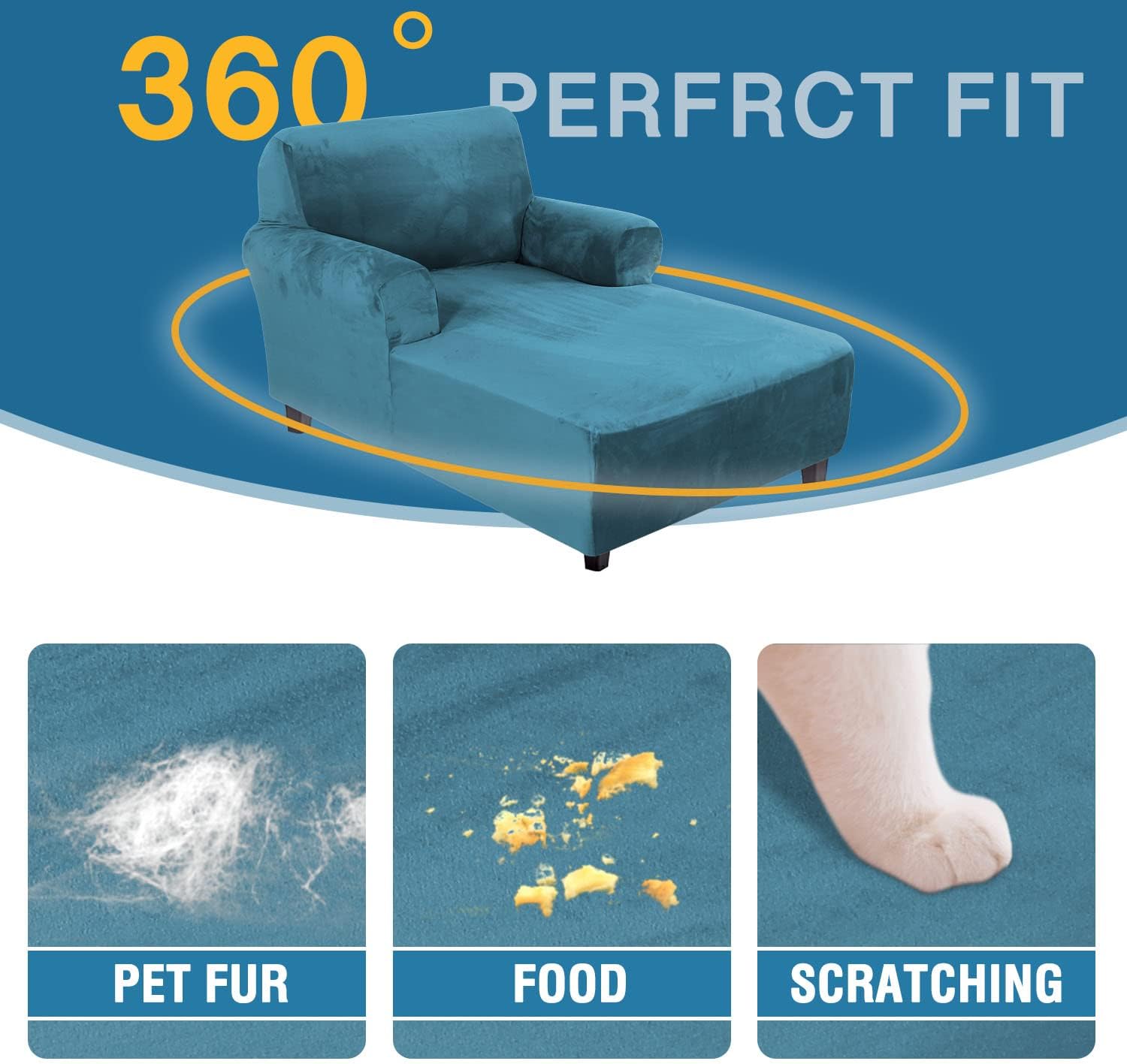 H.VERSAILTEX Velvet Chaise Lounge Cover High Stretch Chair Cover for Living Room Soft Slipcovers with Arms Luxury Velvet Lounge Dog Covers, Machine Washable, Peacock Blue