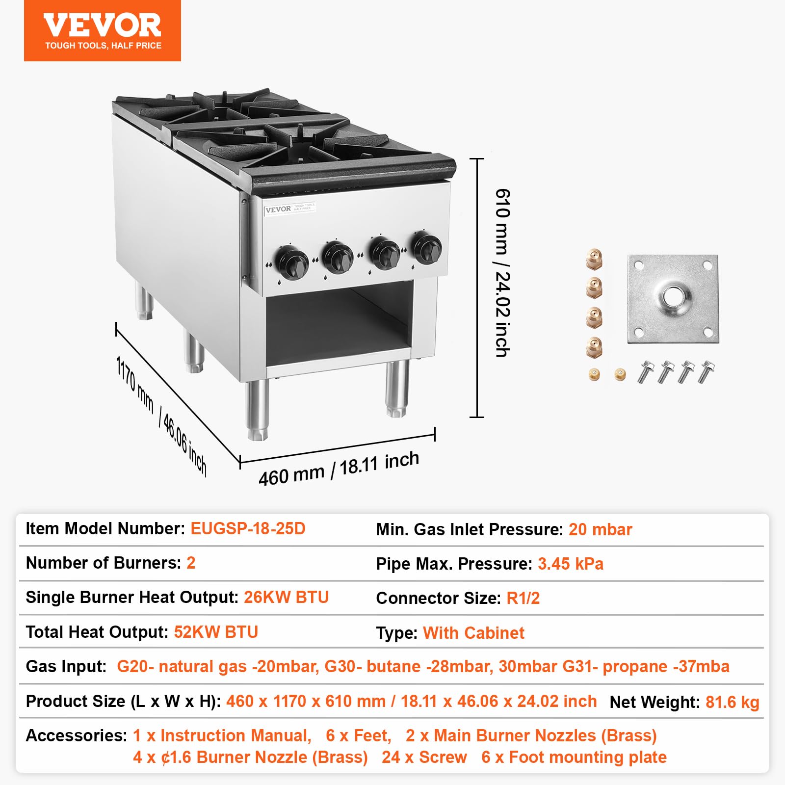 VEVOR Cuisinière à Gaz Commerciale 2 Brûleurs, Plaque de Cuisson de Comptoir au Propane et au Gaz Naturel, 52 kW, en Acier Inoxydable, avec Armoire, Équipement de Cuisson Commercial pour Restaurant