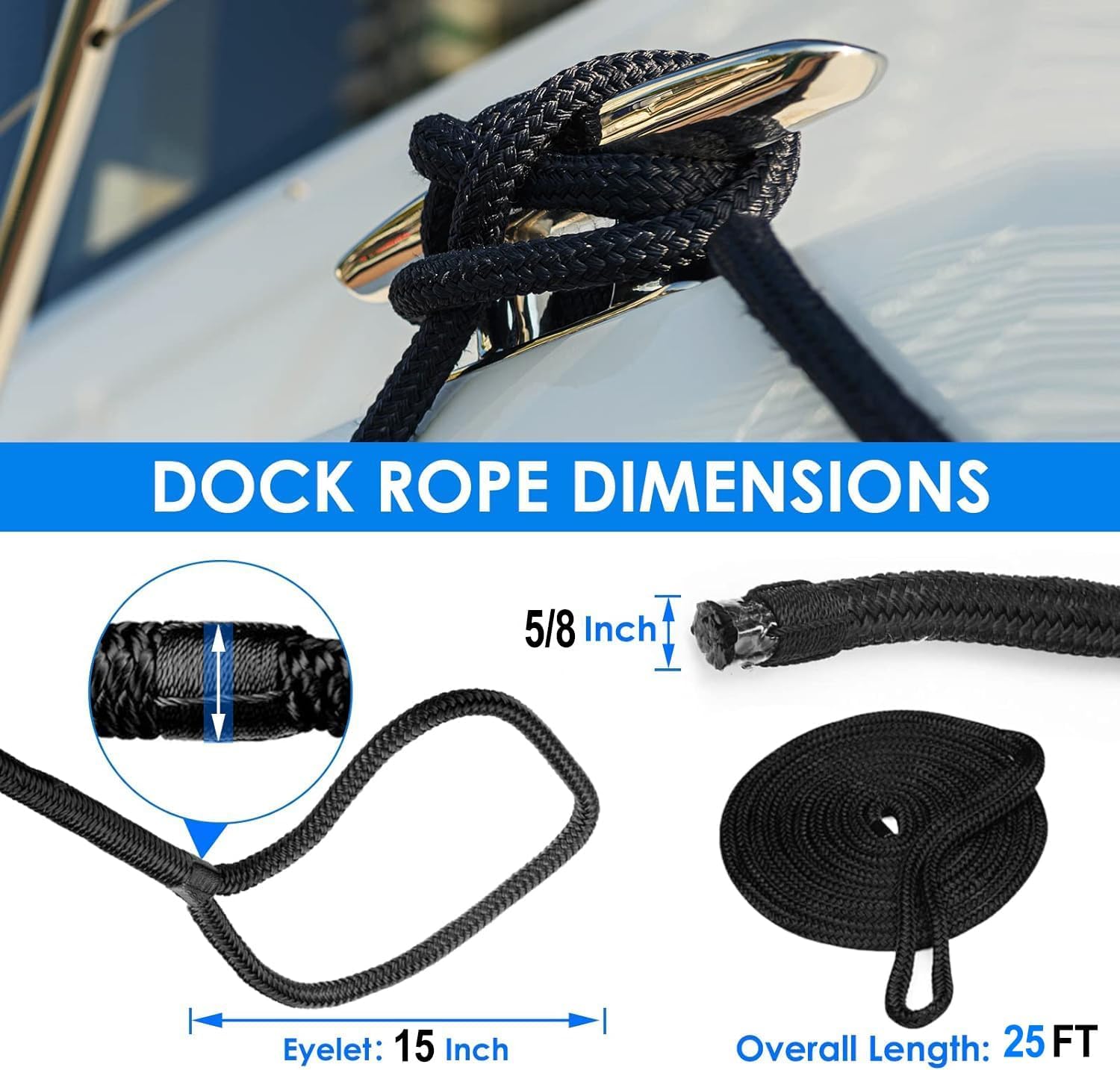 BOOMSTART 4 Stück Boot Seil 16mm Festmacherleine mit Auge Nylon Doppelt Geflochten Fenderseil Dock Linien Ø 16mm, L: 7.62 m, Auge 38 cm, Bruchlast: 3970 kg, Schwarz