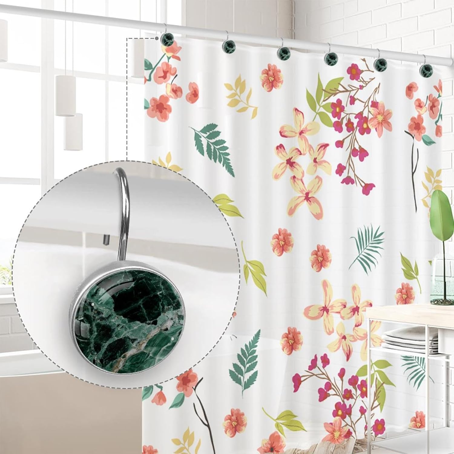 12PCS Emerald Green Marble (3) Shower Curtain Hooks Rings for Bathroom, Decorative Shower Curtain Hooks Rods Curtains and Liner