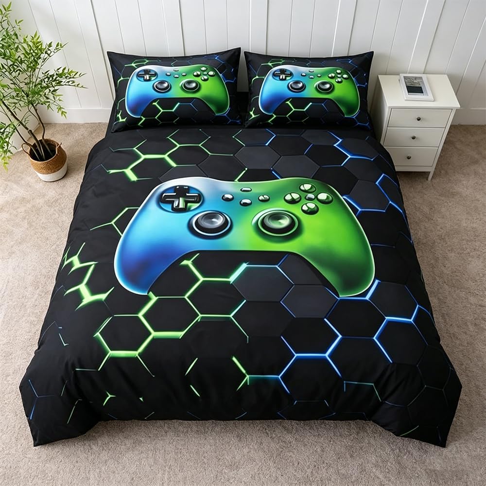 JYQOQH Gaming Duvet Cover Set, 135×200cm Boys Single Duvet Cover Set, Gaming Gamepad Quilt Cover with 2 Pillowcases, Soft Microfiber Single Bedding Set for Boys Teens Bedroom, Zip Closure