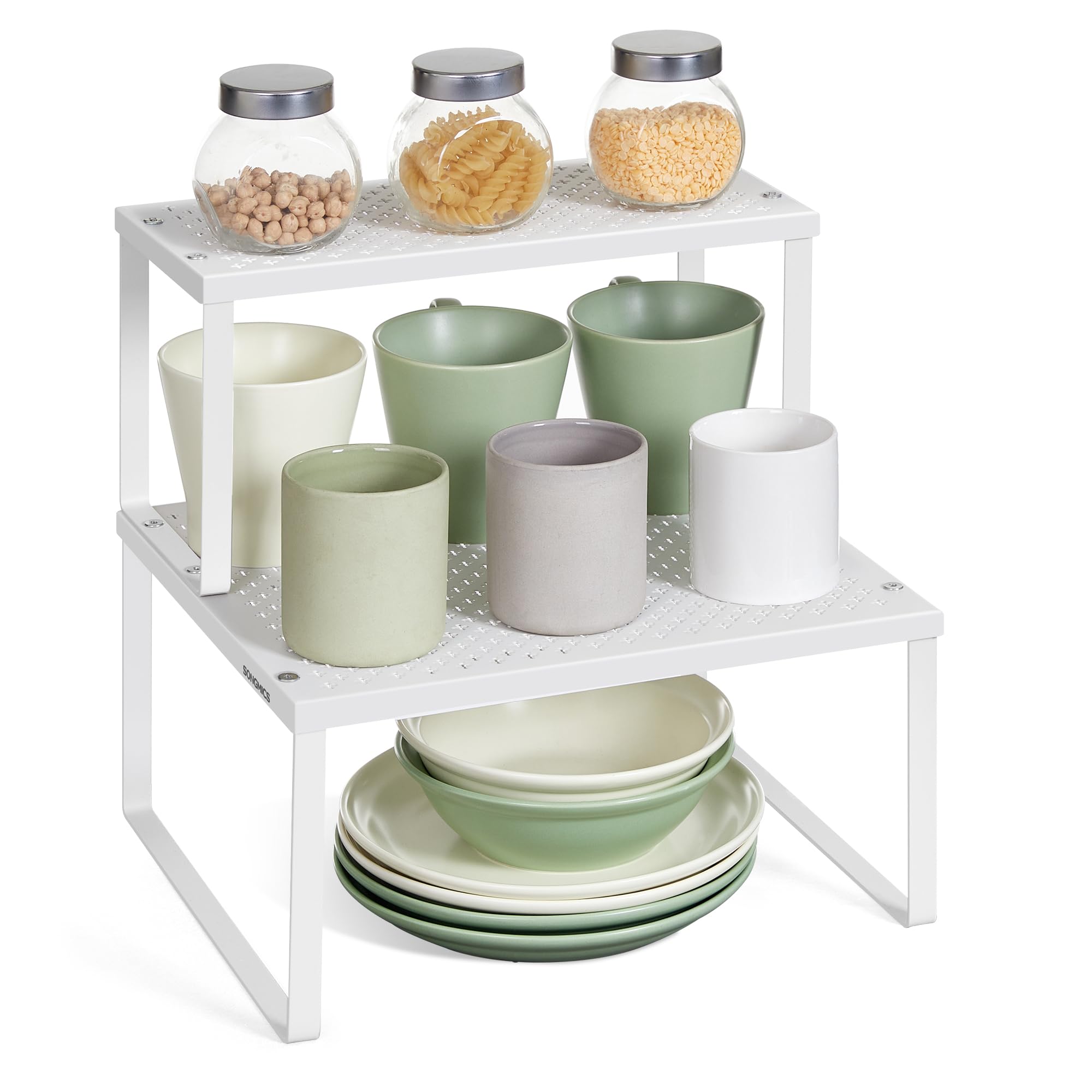 SONGMICS Spice Racks, Set of 2 Cupboard Organisers, Kitchen Storage, Stackable, Expandable, Metal Counter Shelves, White KCS005W01