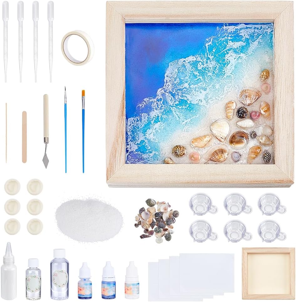 WEBEEDY Ocean Resin Kit for Beginners, DIY Resin Beach Frame Complete Set Includes Frame, Quartz Sand, Pigments & More for DIY Lovers Creative Craft Making Supplies Summer Beach Home Decor Gift