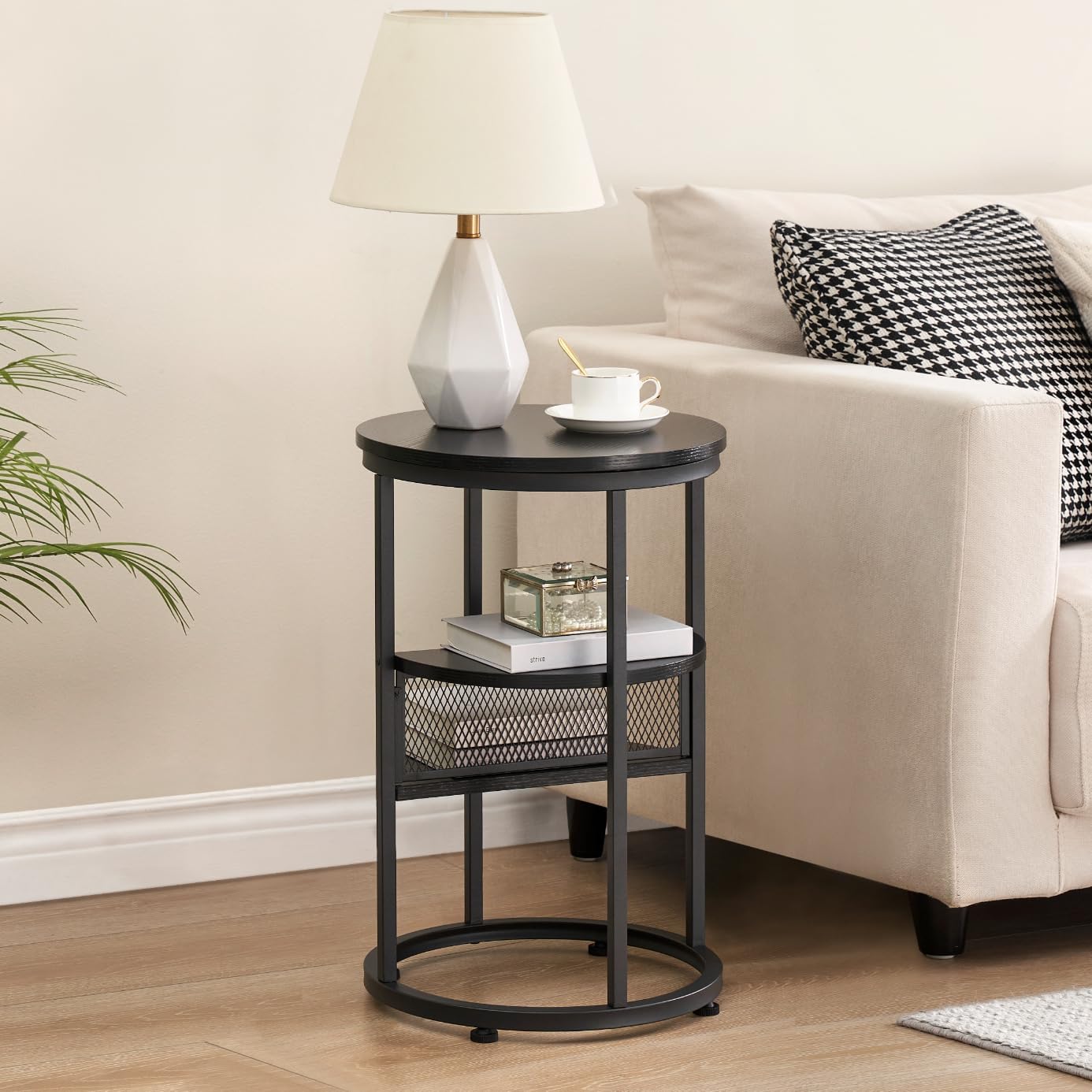 IDEALHOUSE Round Side Table with Storage, Black Wooden End