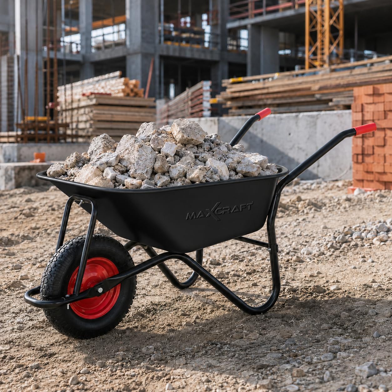 Brouette de Chantier 250 kg 100 L Chariot Transport Jardin Pneus avec Chambre à Air Poignée en Caoutchouc Dur - Noir/Rouge - Black Edition