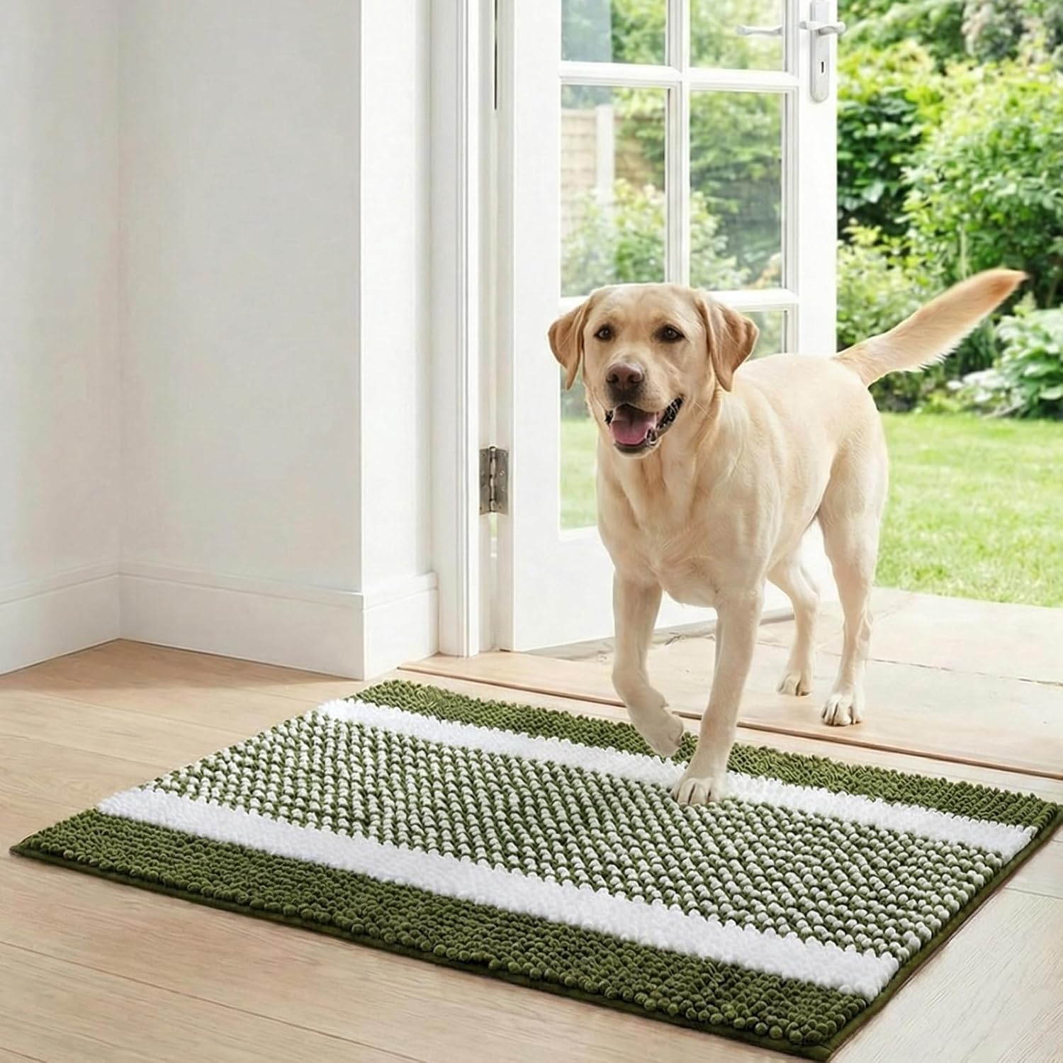 Door Mat Indoor Entrance, Absorbent Chenille, Non Slip, Washable, Quick Dry, Indoor Door Mat, Bath Rug, Kitchen Rug, Apartment Essentials, Carpet, Small (16″ x 24″), Green and White Block Stripe