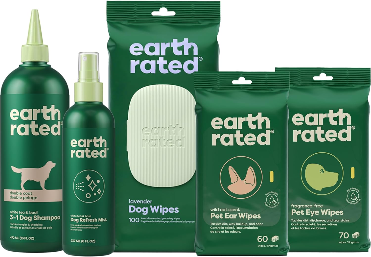 Earth Rated Double Coat Essentials - Dog Shampoo, Grooming Wipes & Refresh Mist, Ear Wipes, Eye Wipes