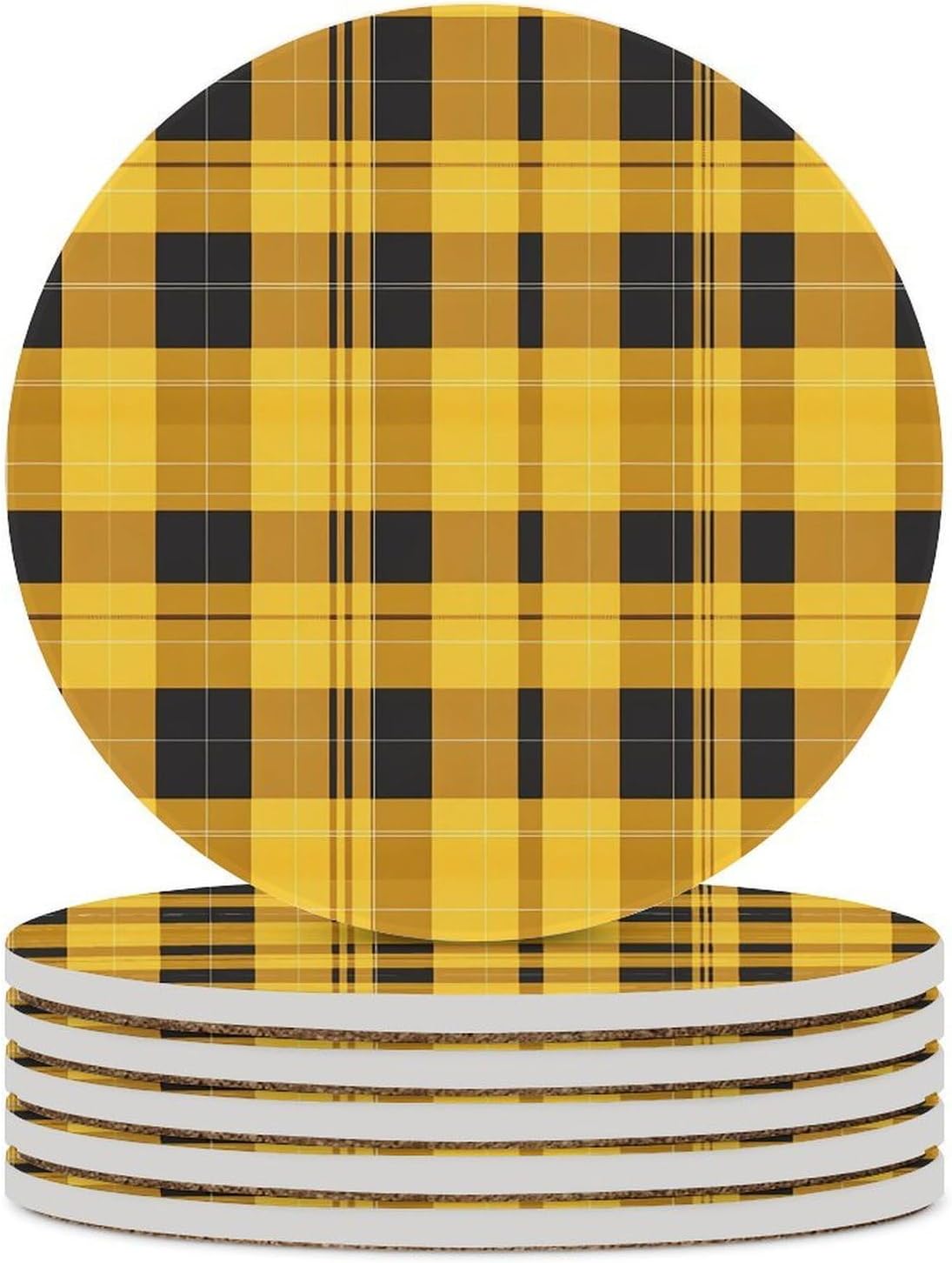 Plaid Checkered Yellow Round Ceramic Coasters for Drinks Absorbent Cup Holder Tabletop Protector with Cork Base