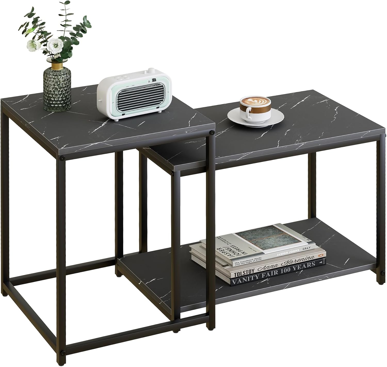 Coffee Table Black Rectangular Table for Living Room,Nesting Coffee Table Set of 2 Storage End Table Modern Sofa Side Table,Faux Marble Center Table for Bedroom Home Office Black Marble