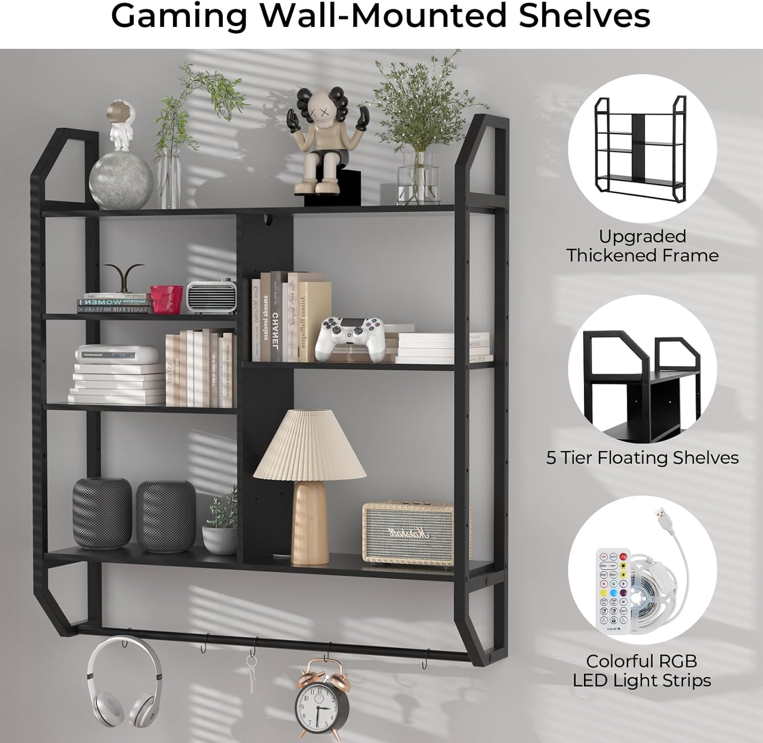 FAHKNS Gaming Floating Shelves, 35" Large LED Wall Shelves with Adjustable Tier, Wall Mounted Bookshelf with Hanging Pipe & 6 Hooks for Bedroom Gaming Room Kitchen Coffee Bar Decor, Black