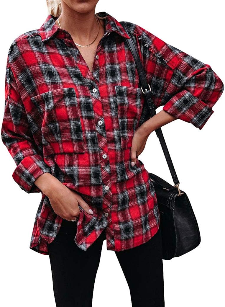 YNALIY Women Oversized Plaid Shirt 