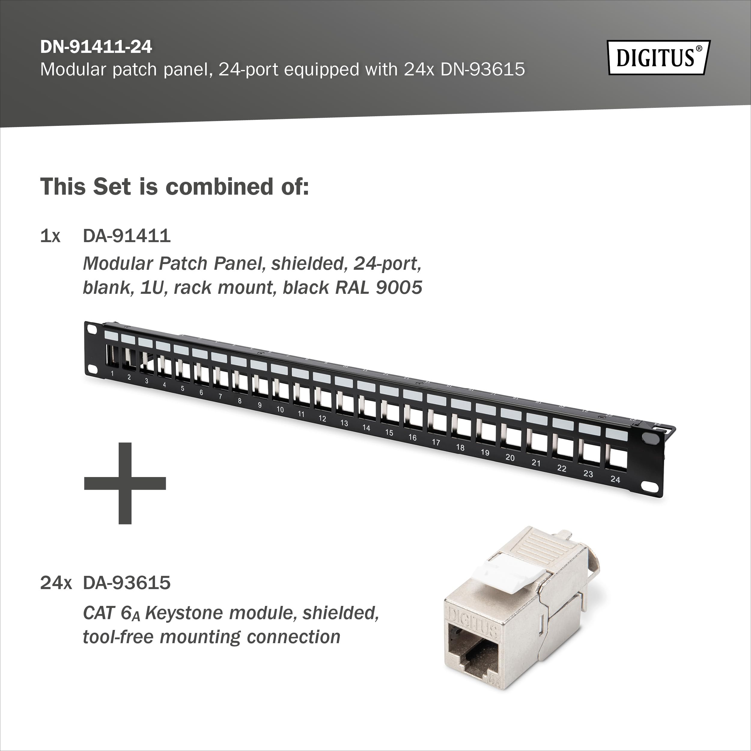 DIGITUS PatchPanel Set – 24 porte – con 24 moduli Keystone DN-93615 – 500 MHz – CAT 6A – Montaggio su rack in armadio di rete da 19 pollici – 1 U – Nero
