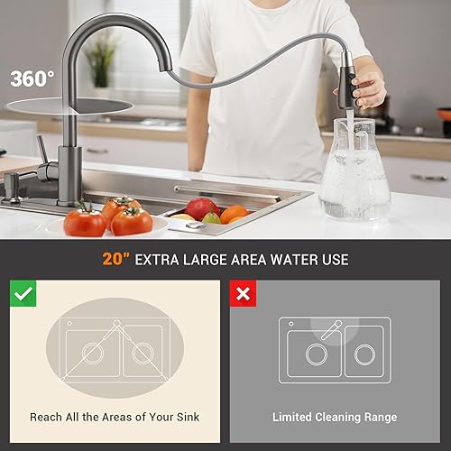 Miniatura 4 de DAYONE DAY-CR0013 - Grifo de cocina de acero inoxidable negro con dispensador de jabón, 3 modos, grifo de cocina negro gris con rociador desplegable