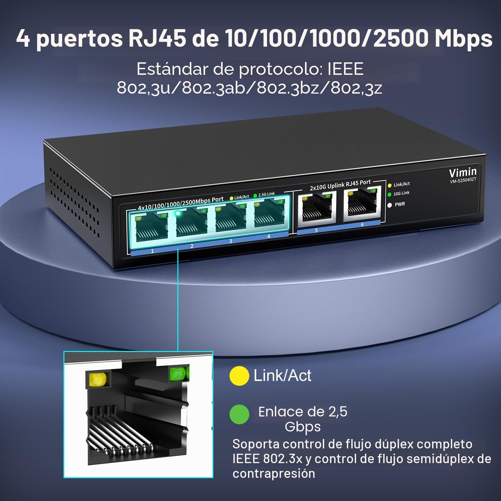 Conmutador Ethernet de 6 Puertos 10G/2.5G con Doble 10GBASE-T, Vimin 4X 2.5G + 2 Puertos RJ45 de 10 GB, Capacidad de 60 Gbps, Interruptor de Red multiGigabit de Escritorio/Montaje en Pared para NAS