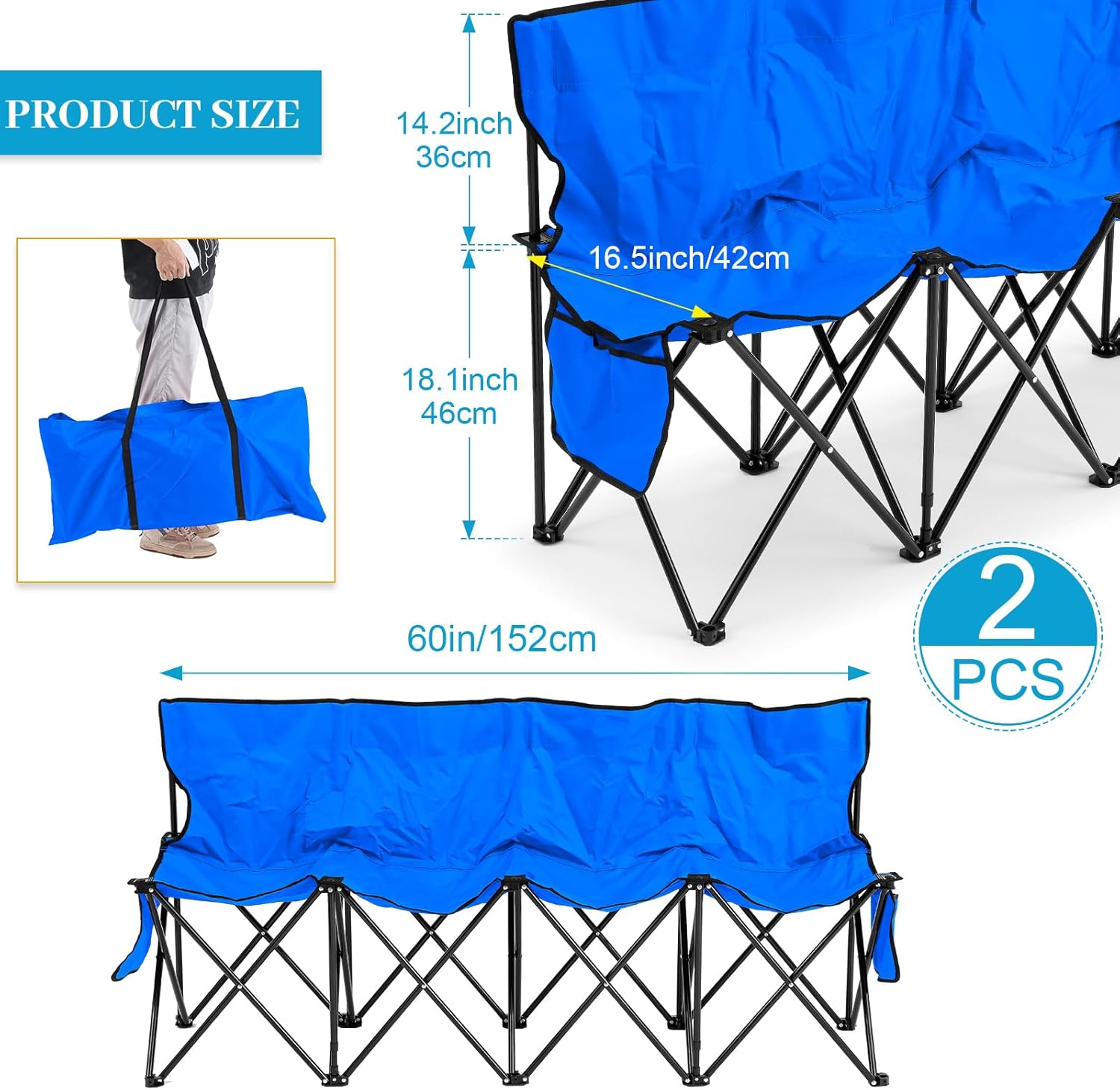 Kigley Portable 4 Seat Soccer Bench Chairs Foldable Team Sports Bench with Pockets and Carrying Bag for Camping Soccer Sports Team Basketball Football Practice Games