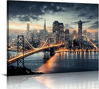 GooTPa Bay Bridge Wall Decor Picture San Francisco Skyline Canvas Art HD Print Wall Art Painting for Office Living Room Decoration Black and White City Poster with Frame Ready to Hang 16x12in