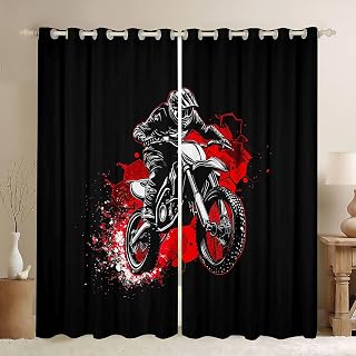 Castle Fairy Dirt Bike Window Curtains,Red Honeycomb Hexagon Window Drapes for Kids Teens Men,Extreme Sports Motocross Window Treatments Grommet Top 2 Panel Set,38" Wx54 L inch