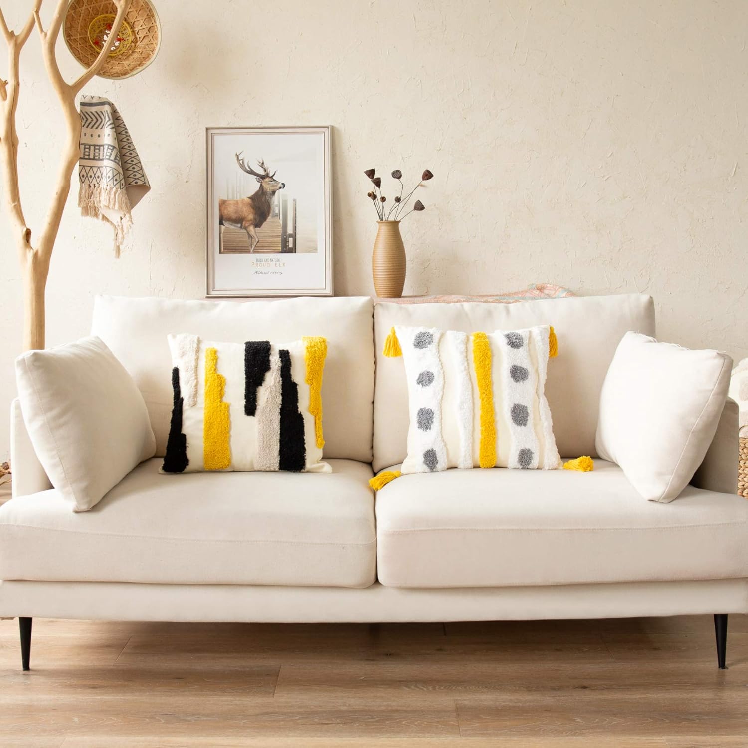 Woven Tufted Farmhouse Boho Throw Pillow Cover, Modern Decorative Multi Color Geometric Stripes Pillowcase with Tassels for Couch Sofa Bedroom Living Room, 18 x 18 Inches, Ivory, White, Yellow, Grey - Image 5