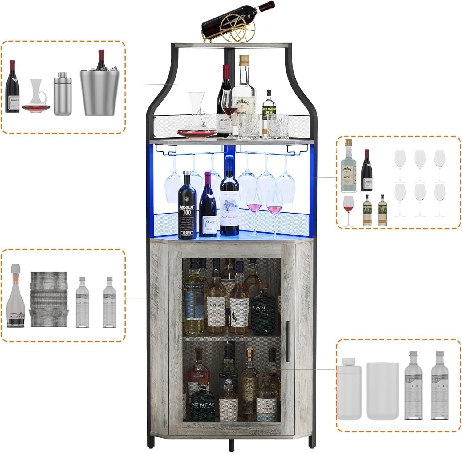 SunnyFurn 5-Tier Industrial Wine Cabinet with LED Strip and Glass Holder, Farmhouse Corner Bar Display Cabinet, Metal&Wood Bar Coffee Table, Freestanding Wine Rack for Home, Office, Cafe, Pub,Gray