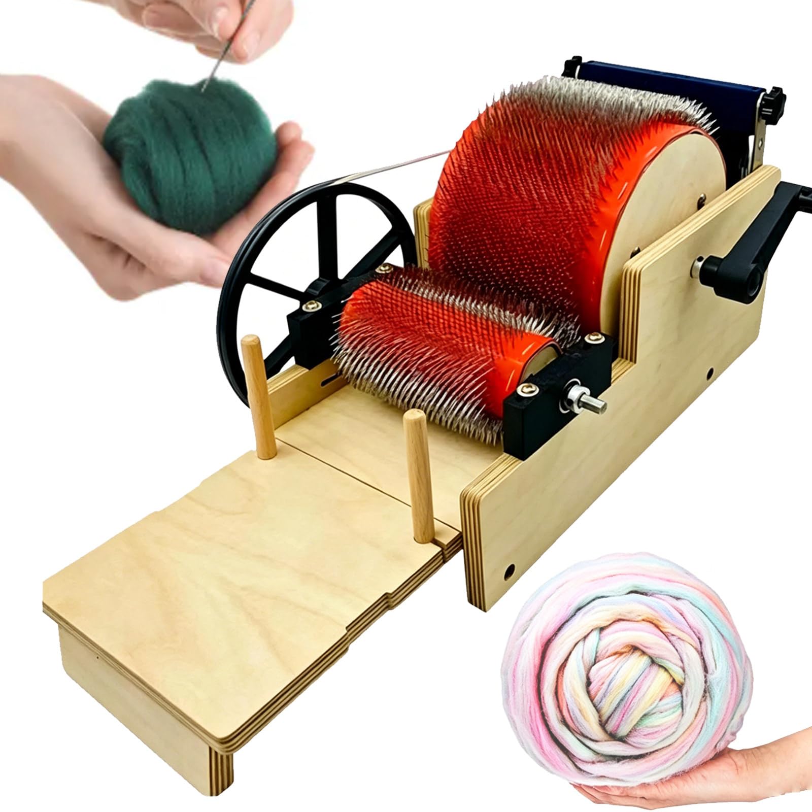 Osnzyc Wooden Manual Wool Carder, Hand-Crank Drum Carder for Wool, Removes Impurities from Fibers, Quick Color Blending, for Craft Enthusiasts 12cm