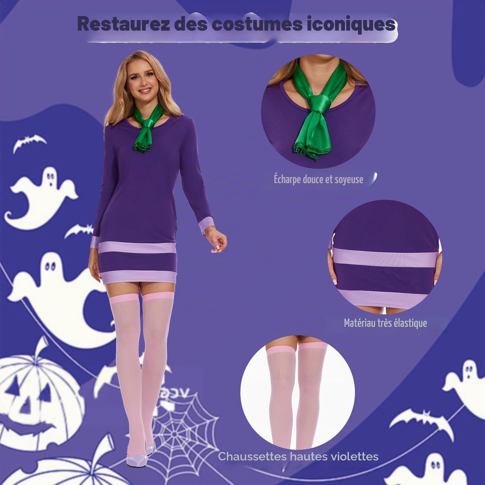 Halloween Deluxe Adult Costume for Women,Purple Dress, Wigs, Scarf Headband, Women Deluxe Classic Movie Characters Costume for Halloween Cosplay