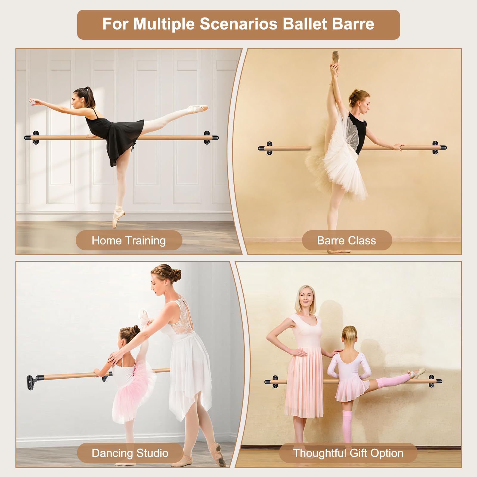 Dolibest Barra de Ballet de Madera 170 cm Ajustable Montaje en Pared 90-250 cm