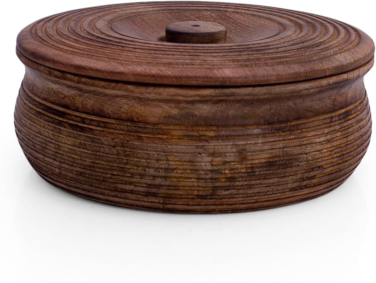 Handcrafted Wooden Mexican Tortilla Warmer Basket Indian Chapati Roti Bread Holder Box Pancake Keeper Serveware Hot Pot Casserole Dish With Lid Home Kitchen Dining Decor, Natural Brown, 9 x 3.5 Inches