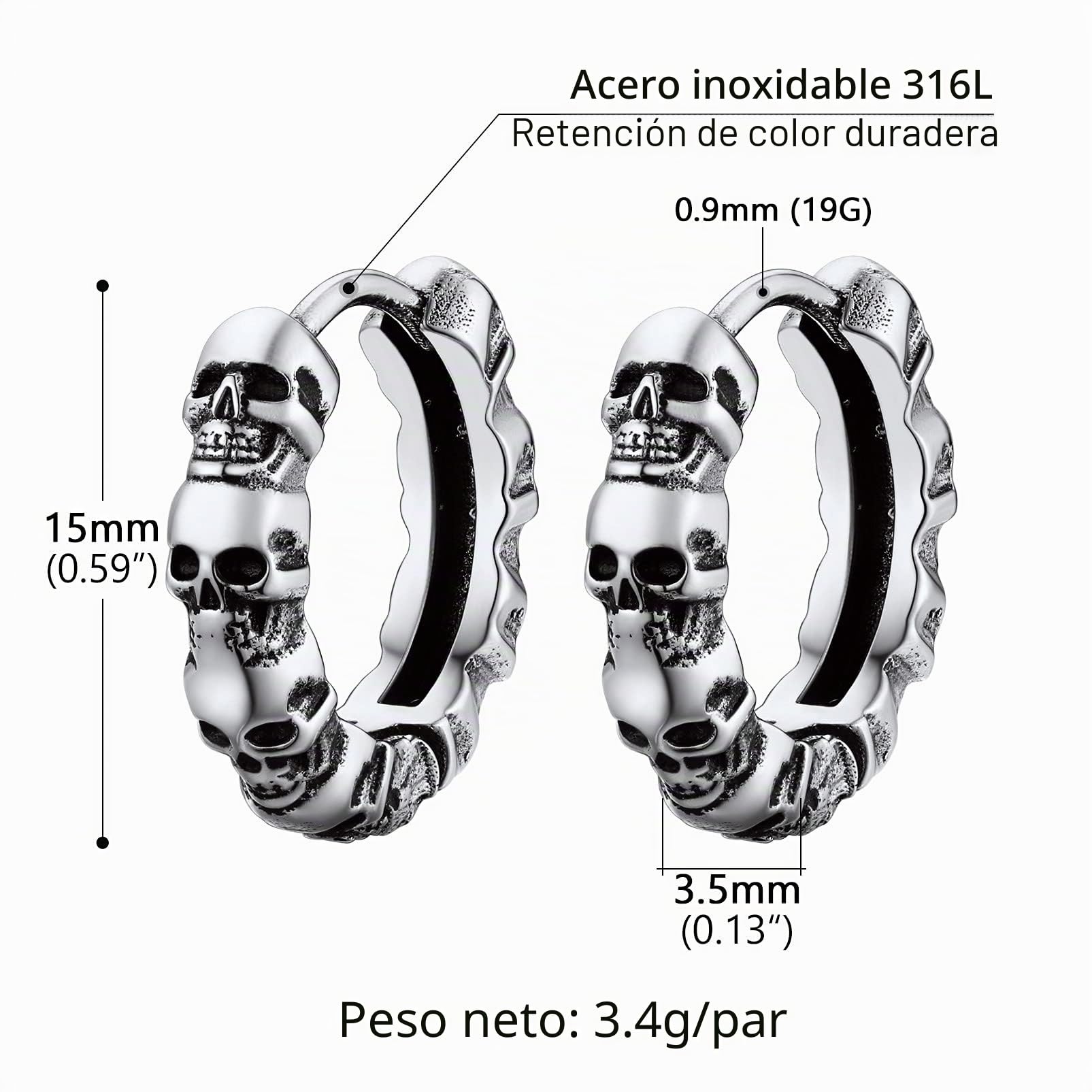 PROSTEEL Un Par de Pendientes Calaveras Gótico Punk Halloween, Piercings de Oreja Aros/Tuercas con Cabeza de Demonio, Acero Inoxidable