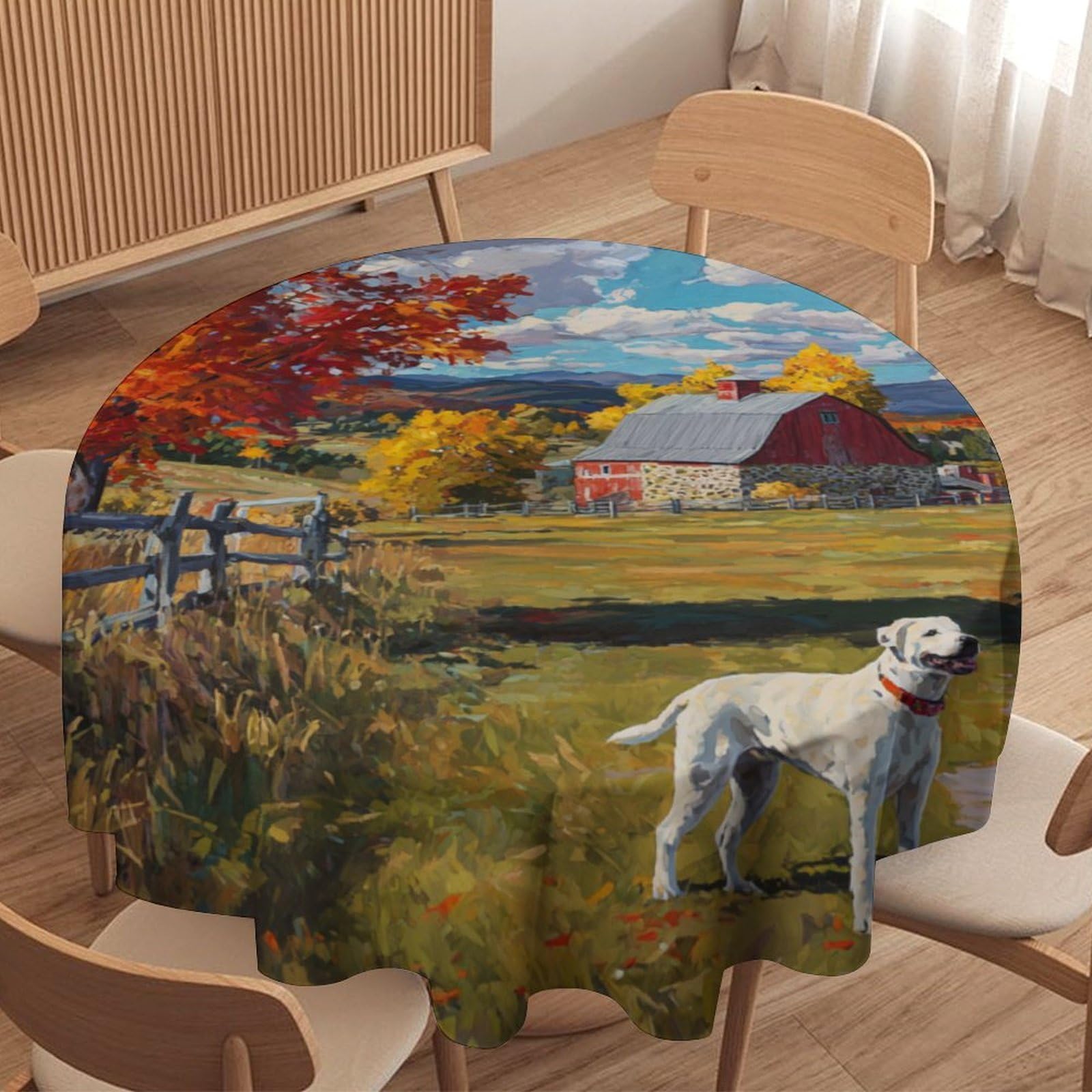 LUYYSKY Cute Realistic Farm Dog Round Tablecloth Western Aesthetic Fall Log Cabin Plant Maple Trees Animals Puppy Washable Decor for Table Cover for Kitchen-152.4" Wx152.4 L cm