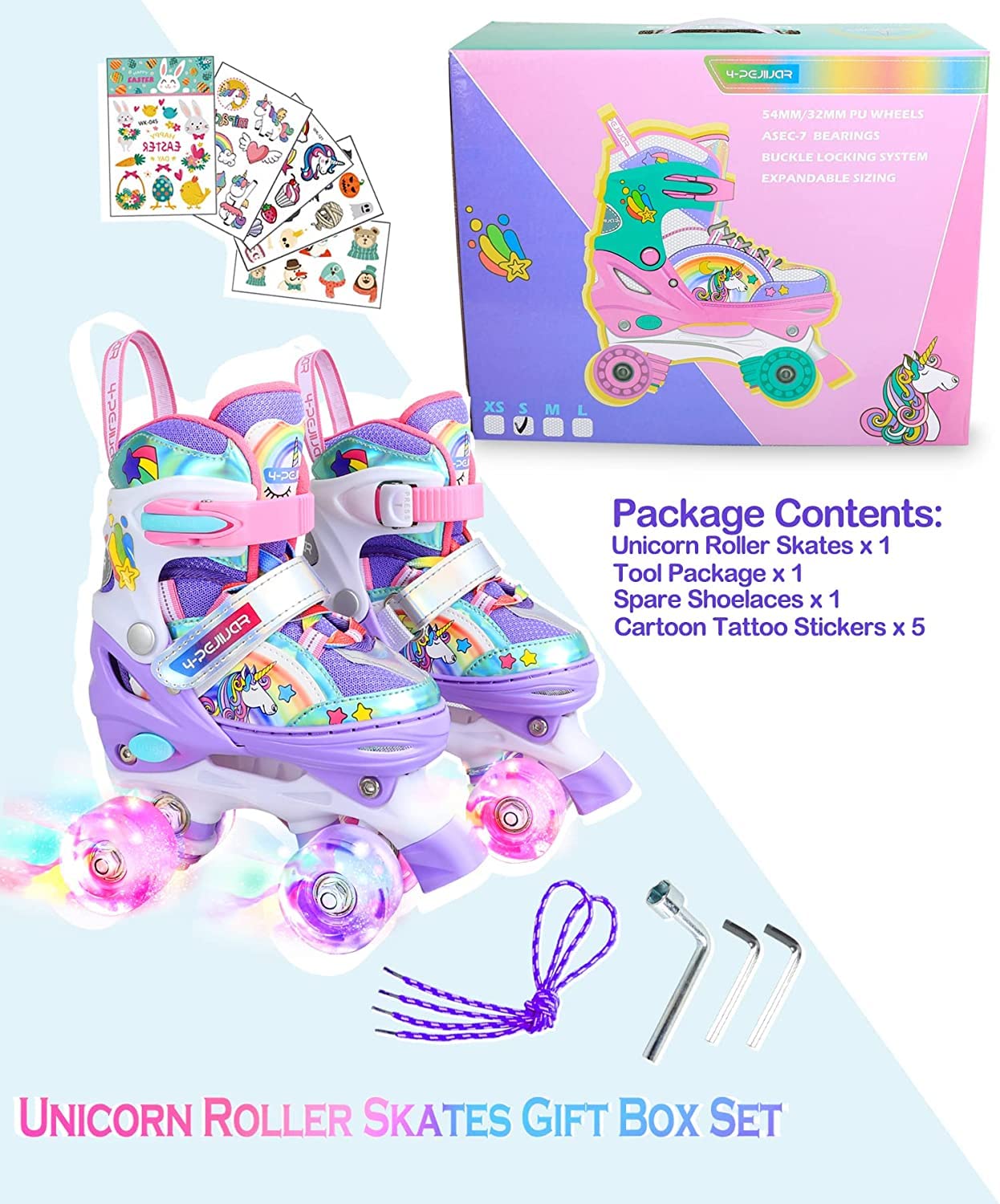 Patins à roulettes Licorne Enfants Rollers Quad Réglable Patins à roulettes Lumineux Taille Réglable pour Filles Garçons Débutants