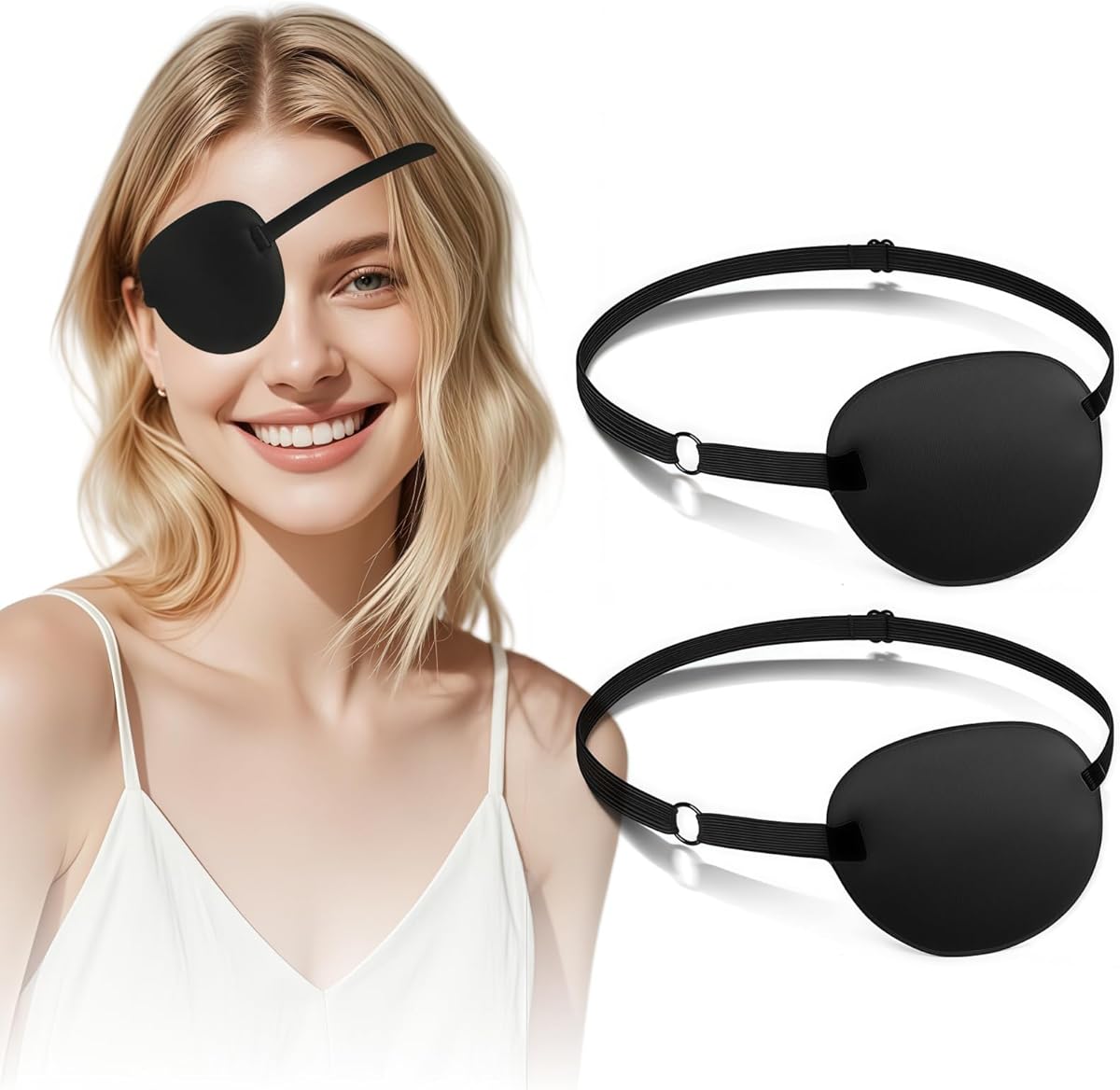 Eye Patches for Women & Men, 3D Adjustable Eye Patch, Strabismus Lazy Eyepatch for Left or Right Eye, 2Pcs, Black+Black