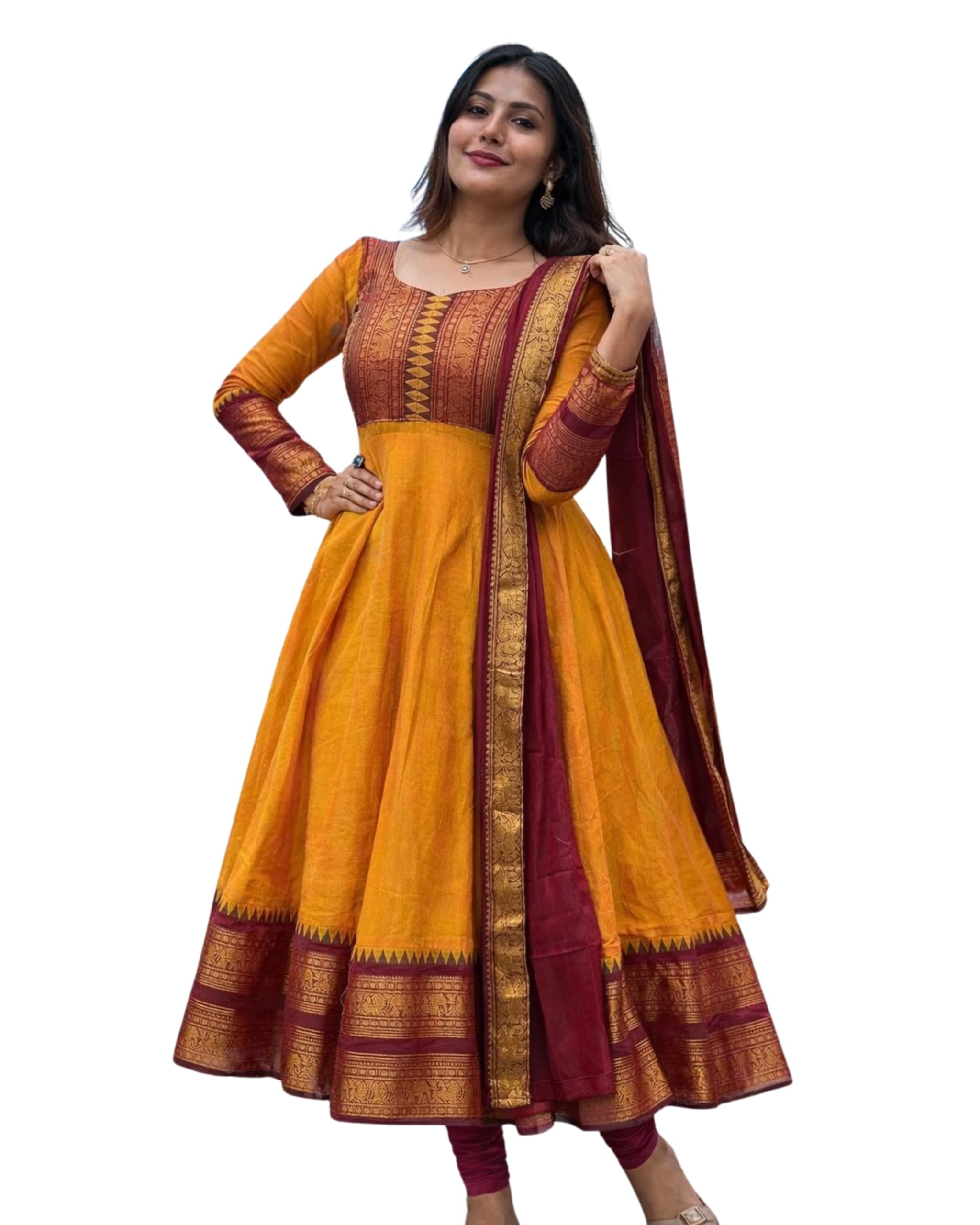 Women's Vichitra Silk Anarkali Gown with Dupatta, Navy Blue Flared Traditional Dress with Magenta Zari Border, Jacquard Weaving Full Sleeves Ethnic Suit-image-38