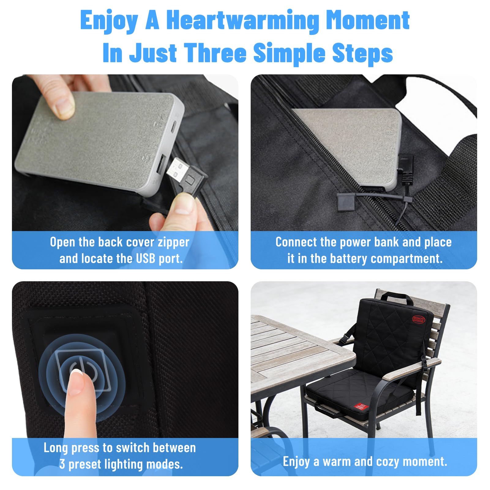 Plplaaoo Cojín Calefactable Plegable – Asiento de Estadio con Calefacción & Almohadilla Térmica Portátil para Aire Libre, Camping y Oficina, con 3 Niveles de Calor y USB 5V