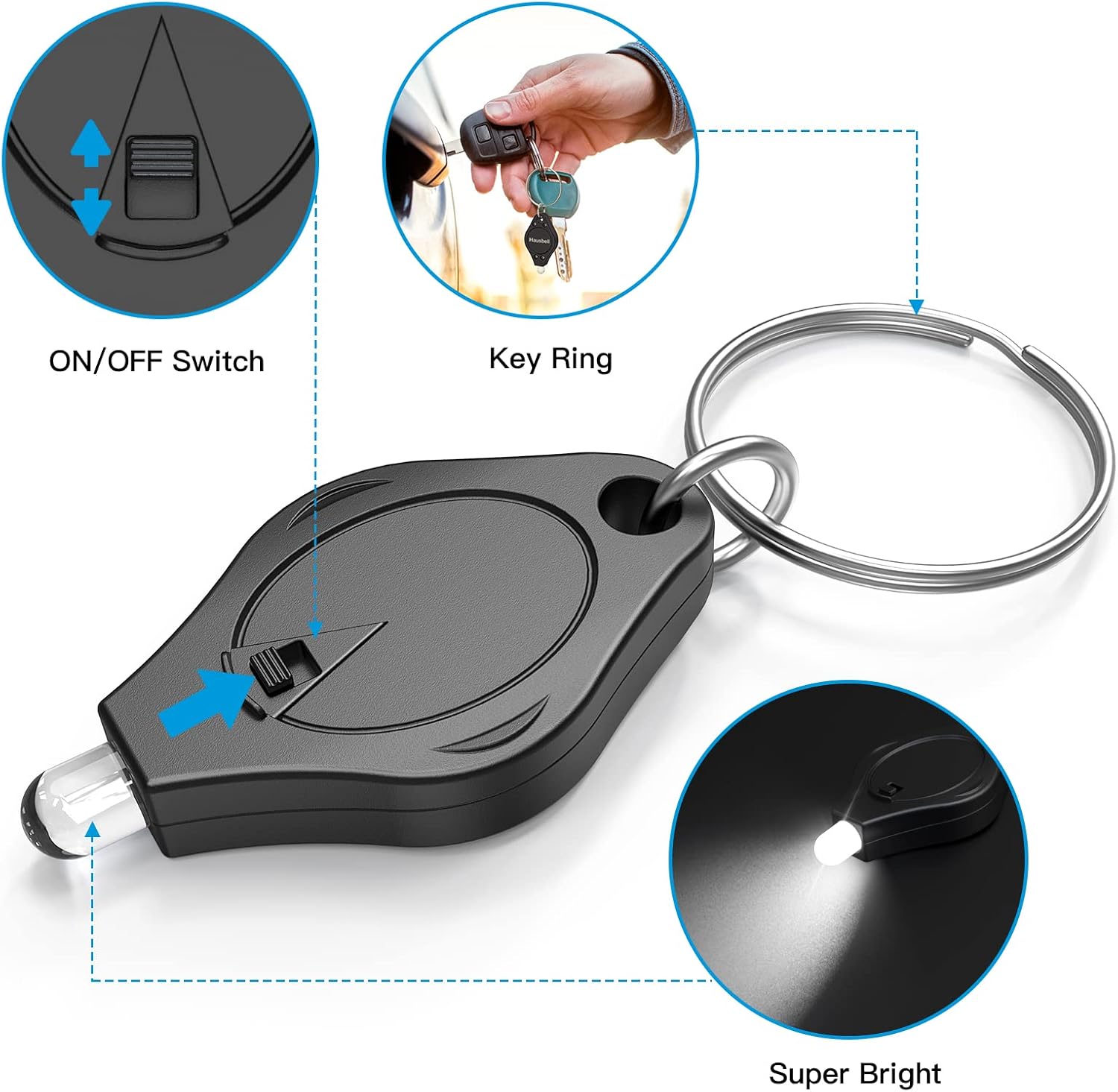 HAUSBELL Mini LED Keychain Flashlights, Ultra Bright Small Lightweight Key Ring LED Light Torch for Kids Indoor Outdoor Biking Hiking Emergency, Black 6 Pack