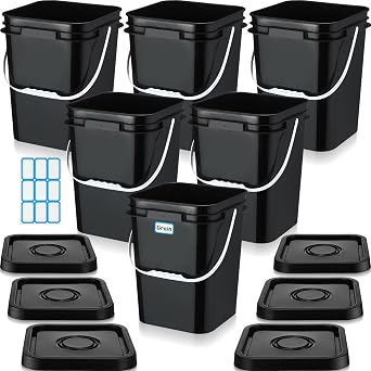 Vesici 6 Pcs 5 Gallon Food Grade Square Buckets with Lids 5 Gal Plastic Food Storage Square Bucket Heavy Duty Industrial Pail Container with DIY Label Stickers Handles for Water PaintingBlack