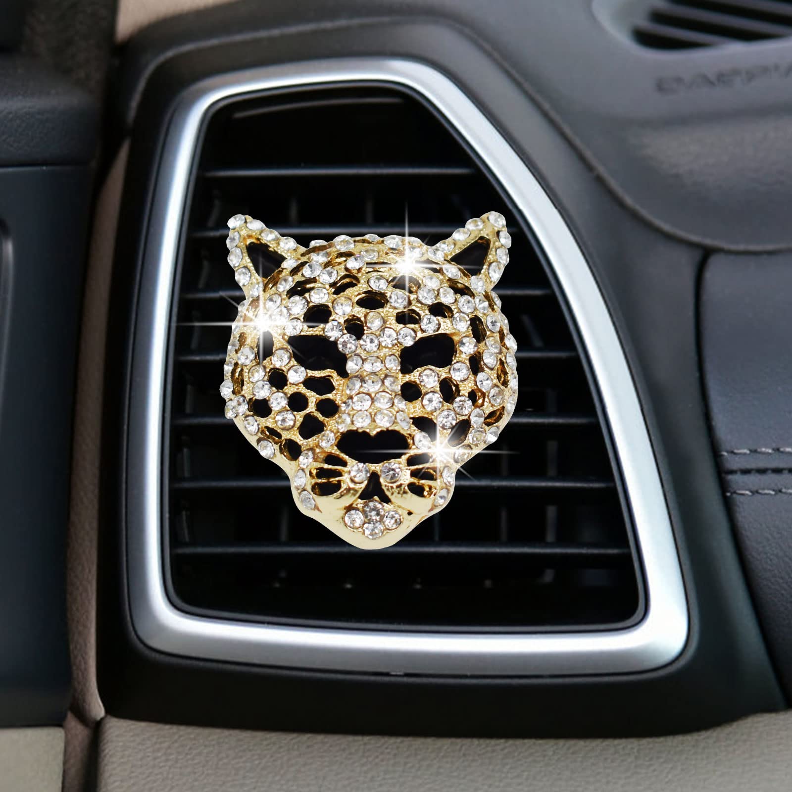 Bling Leopard Air Vent Clips, Crystal Leopard Car Air Fresheners Vent Clips Car Diffuser Vent Clip Rhinestone Decoration Interior Decor Bling Accessories for Women (Golden)