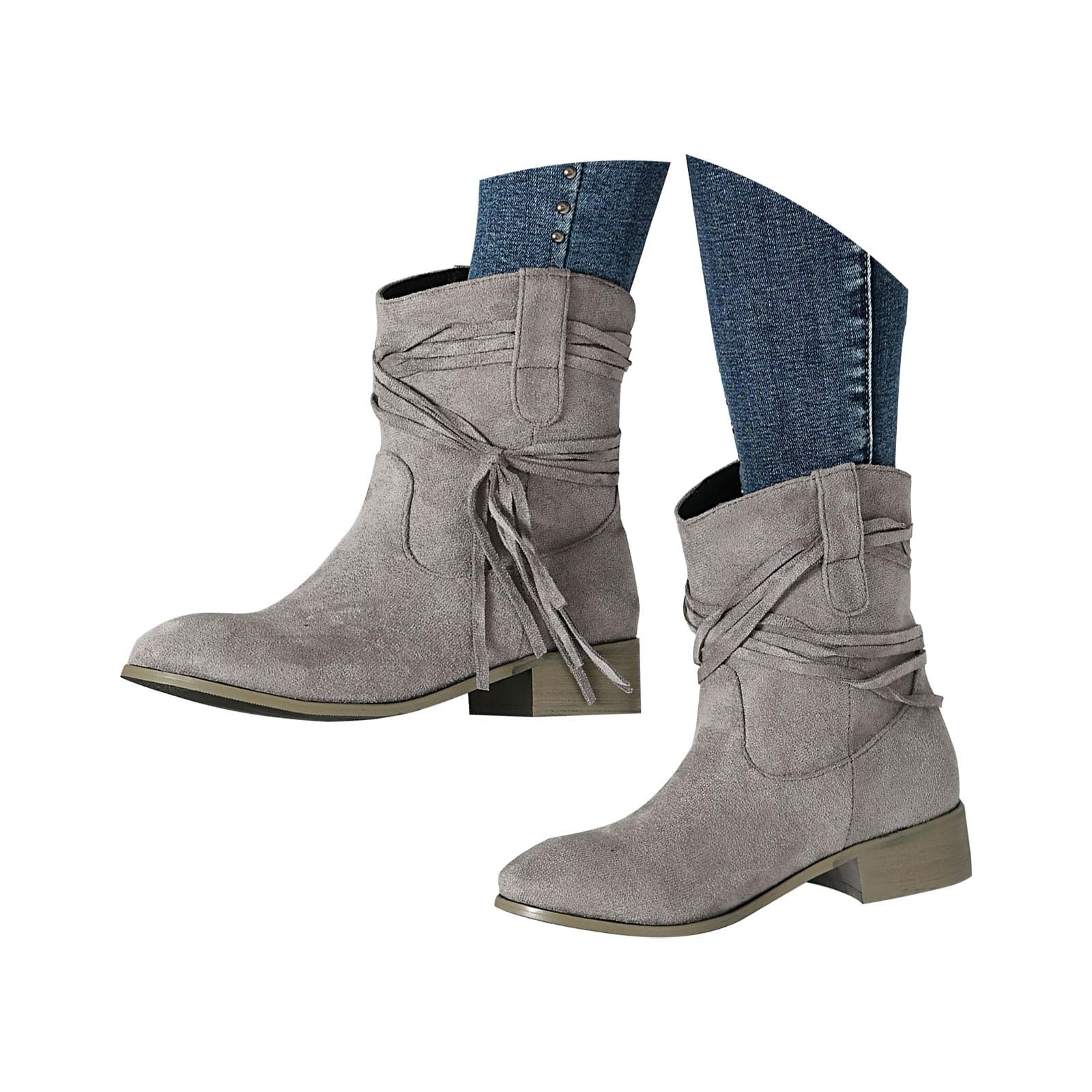 Stivaletti da donna in pelle scamosciata a metà polpaccio, tacco basso, in pelle scamosciata, con lacci, alla moda, casual, alla caviglia, classici, tinta unita, morbidi e comodi, da donna