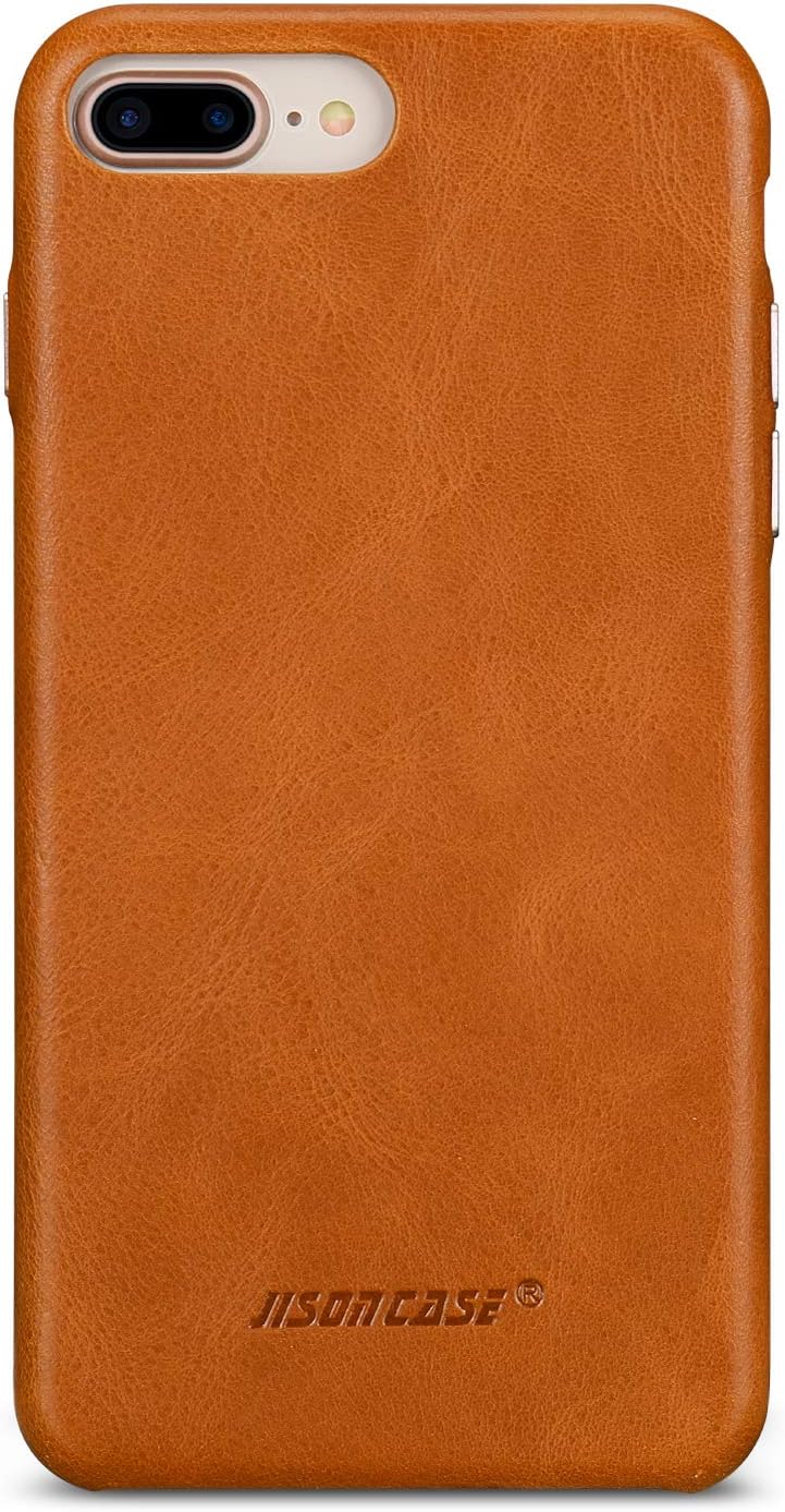 JISONCASE iPhone 8 Plus Leather Case, iPhone 7 Plus Case, Slim Back Cover Snap Grip Case with Metallic Buttons for Apple iPhone 8 Plus/ 7 Plus 5.5 inches, Brown