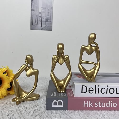 Miniatura 30 de Estatua de lectura, escultura abstracta, estatuas de resina para decoración del hogar, estante moderno de oficina en el hogar, estantería de Oro