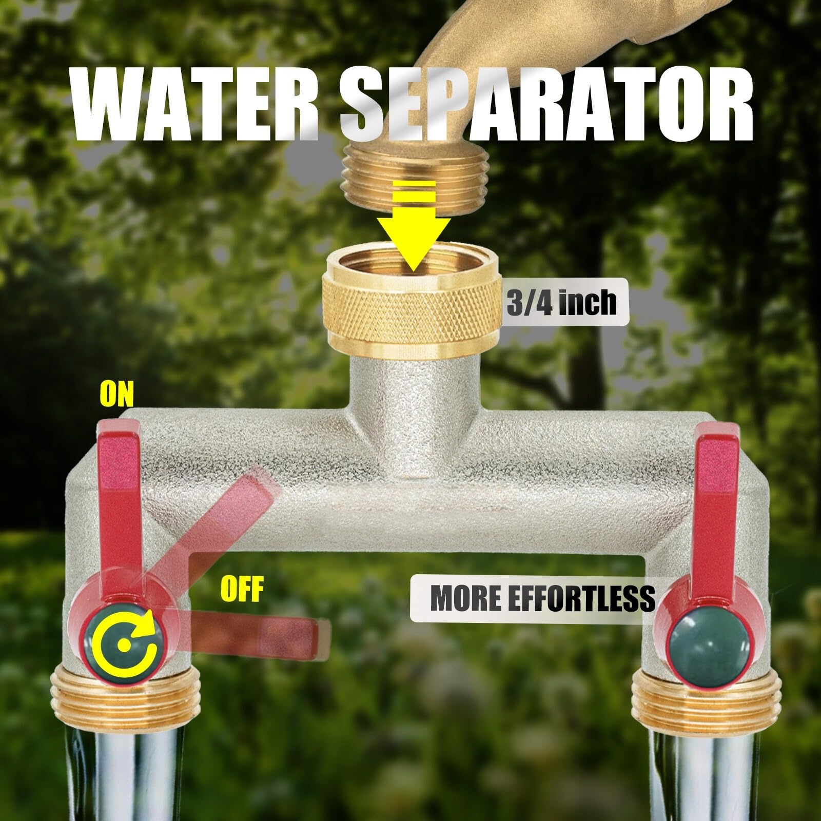 Distributore d'acqua a 2 vie per il collegamento simultaneo di due dispositivi, distributore a 2 vie 3/4" in ottone nichelato con valvole a sfera, regolatore del flusso d'acqua e bloccabile, 1 pezzo