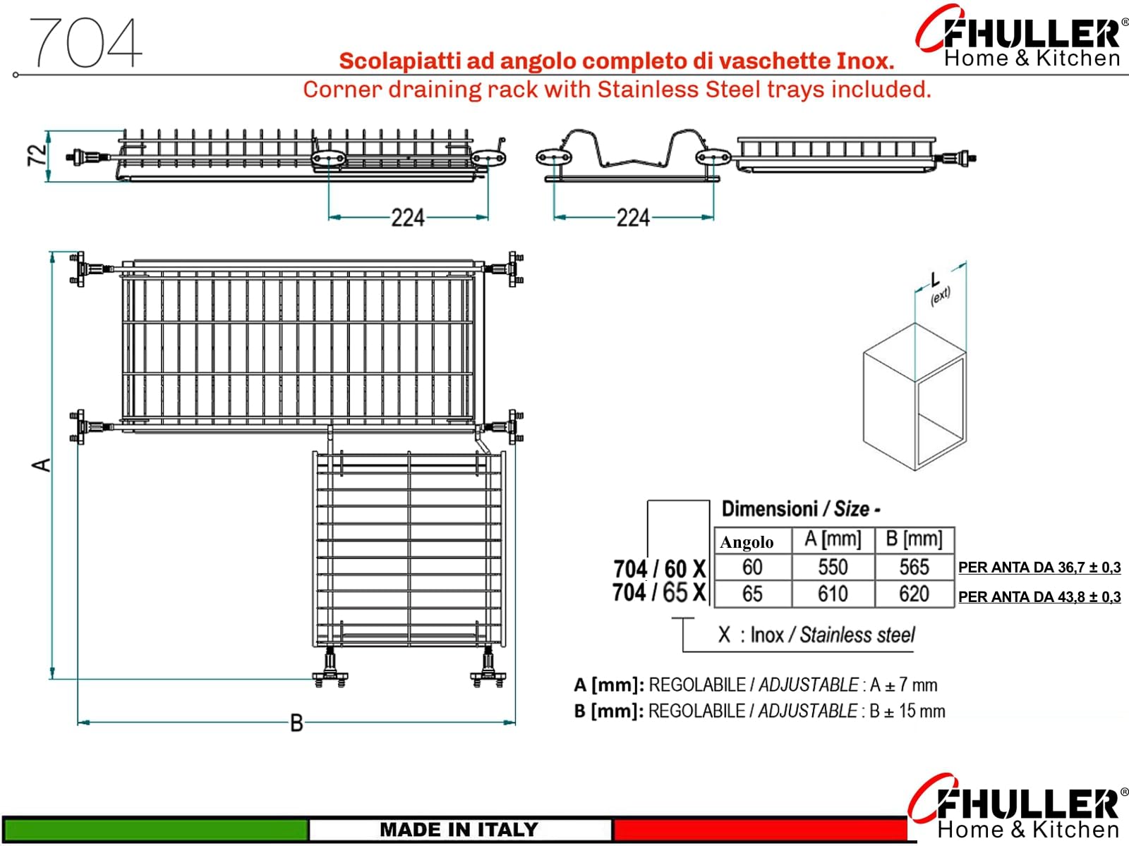 Kit Scolapiatti Angolare da Incasso 61x62 completo di Vaschette in Acciaio Inox