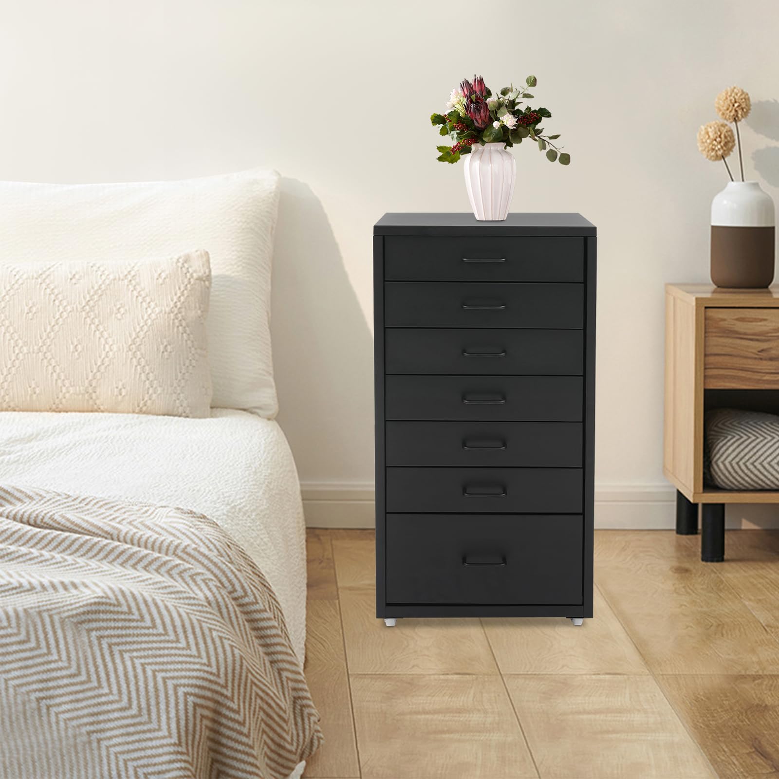 Cassettiera con 7 cassetti, comodino, per ufficio, ufficio, studio, 35 x 26 x 69 cm, colore: nero