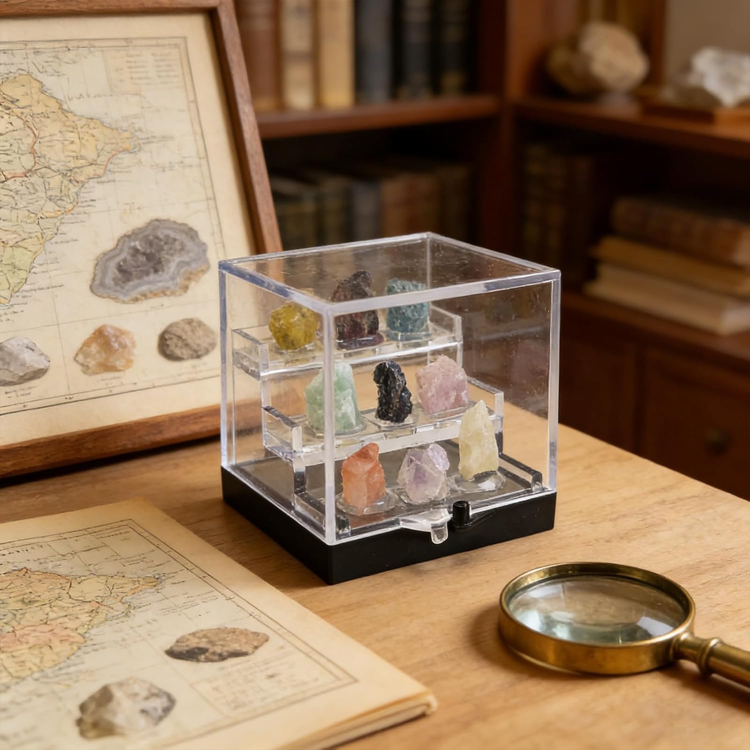 Rare Natural Naturally Mineral Specimen Collection Gift Box-9 Pieces Exquisite Minerals-Square Acrylic Tiered Display Case - Ideal Gifts for Mineral Enthusiasts,Geography Enthusiast-(Large)