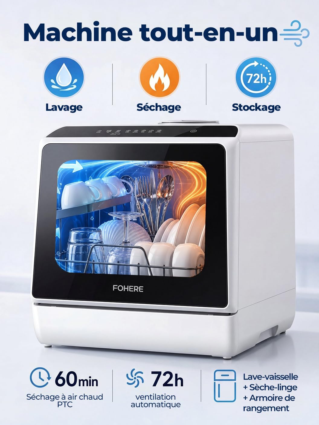 FOHERE Mini lave vaisselle avec réservoir 5L, fonction minuterie, raccordement d’eau 2 en 1, 6 programmes, affichage LED， Lave vaisselle de table et mini nettoyeur pour bureau, studio et camping-car