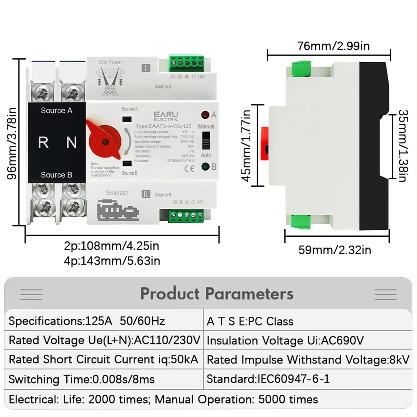 Rail ATS PV 2P 4P 125A AC 230V 110V Interruttore di trasferimento automatico a doppia alimentazione Interruttori di selezione elettrica Alimentazione ininterrotta