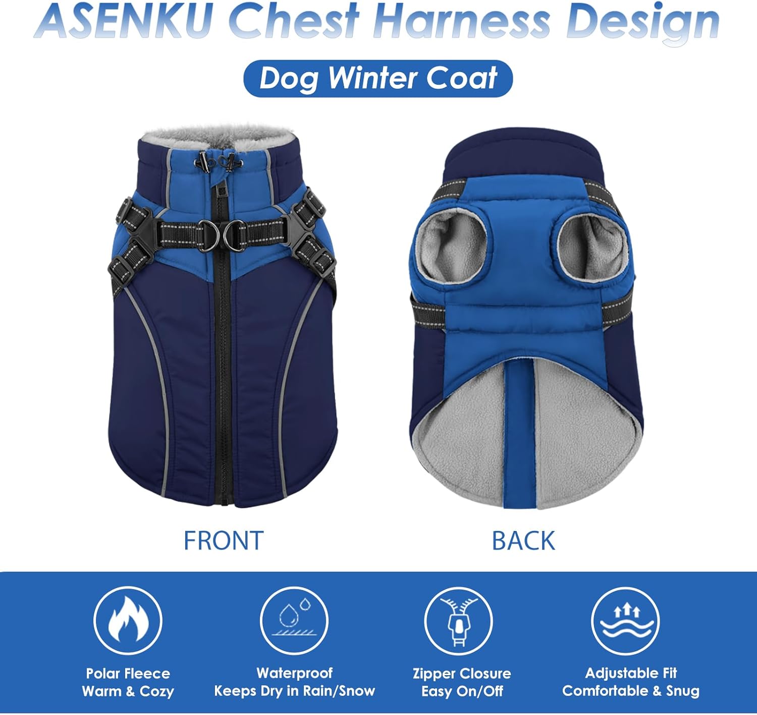 ASENKU Reflective Dog Coat with Built-in Harness, Windproof Fleece-Lined Dog Jacket for Small, Medium, Large Dogs, Warm Winter Vest with Turtleneck & Zipper (Navyblue M)