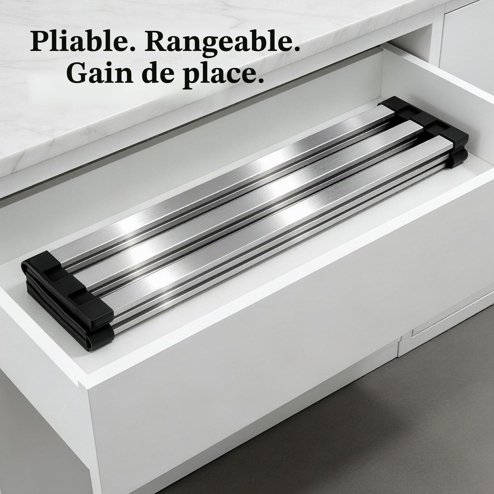 Égouttoir Vaisselle Pliable Acier Alimentaire 42x32,5cm | Avec Pieds Antidérapants en Silicone. Organisateur Pratique pour Évier et Plan de Travail, Facile à Plier et Ranger