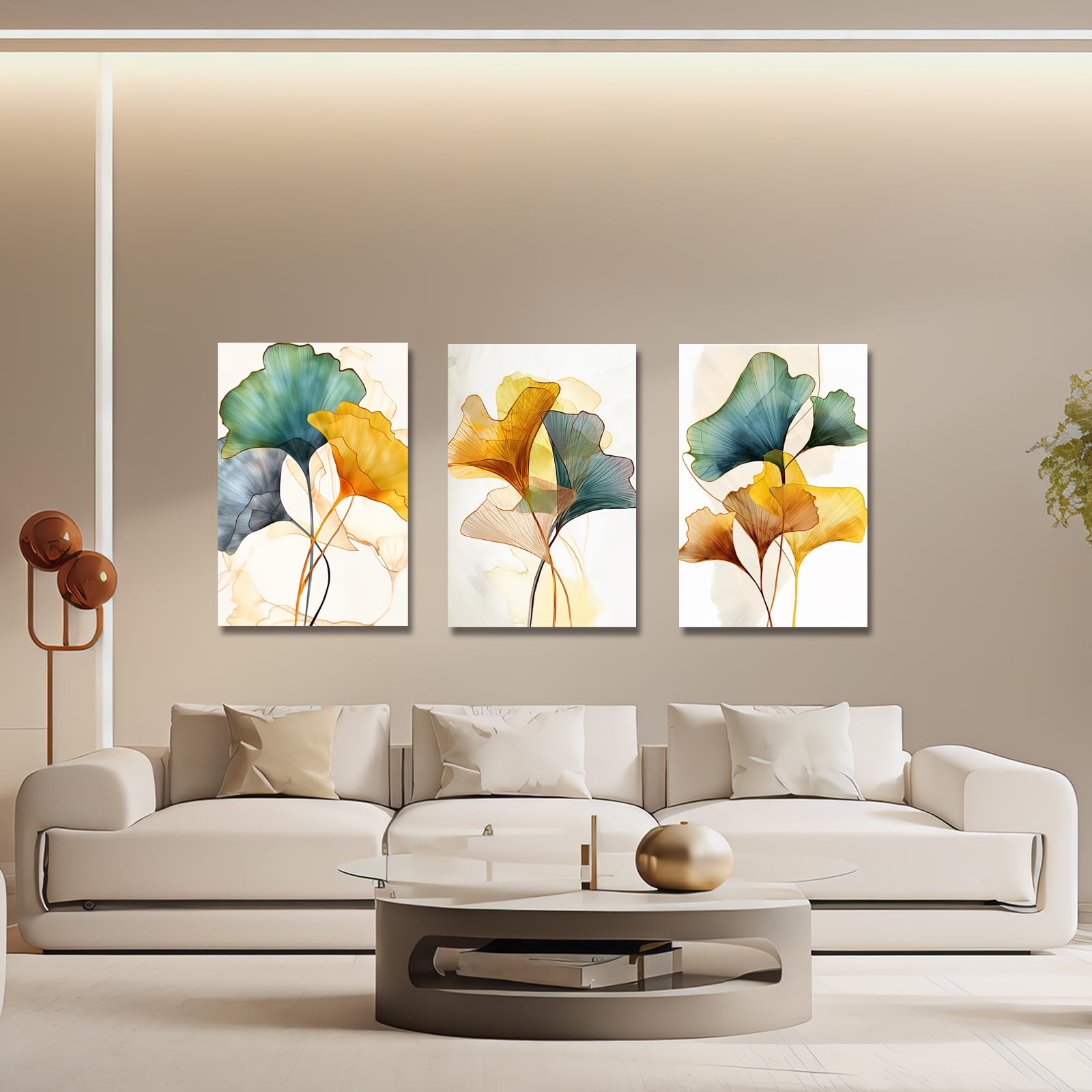 LZIMU Abstract Canvas Wall Art 3 Panels Green Yellow Gold Ginkgo Biloba Leaf Picture Prints Nordic Painting for Bedroom Home Decor Framed (Abstract-1 - Image 2